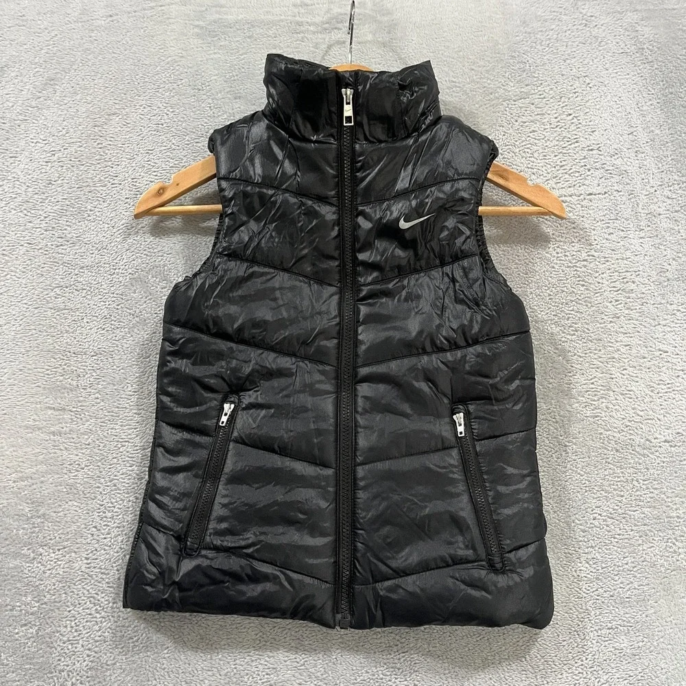 Nike Puffer Vest Girls Small Black Full Zip Insulated Black Grunge Y2K Retro‎
